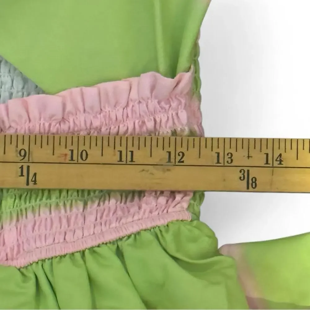 Tiered Halter Mini Dress Green Pink Striped Cutout Size M Main Strip Resort - Picture 7 of 9